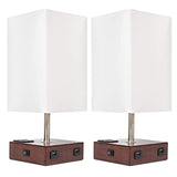 DEEPLITE Lamps for Berooms Set of 2, DEEPLITE Bedside Lamp with USB Charging Ports and AC Outlet Modern Nightstand lamp for Living Room Table, Hotels, Office (Square Fabric Shade Wooden Base)