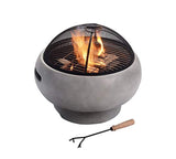 NSdirect MGO Light Concrete Round Charcoal and Wood Burning Fire Pit for Outdoor Patio Garden Backyard with Spark Screen, Fireplace Poker, Grate, and BBQ Grill, Light Gray