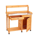 Meluvici Outdoor Potting Bench Table Garden Planting Workstation Table with Top Shelf & Mental Table Top & Drawer & Cabinet (Natural Wood)