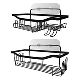 Icymate 2 Pack Shower Caddy Shelf, Adhesive Bathroom Shower Organizer with 11 Hooks, No Drilling Rustproof Storage Basket for Hanging Razor, Soap Shampoo, Shower Gel - SUS304 Stainless Steel Black