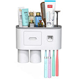 ROOHUA Wall Mounted Toothbrush Holder with Magnetic Cup and Automatic Toothpaste Dispenser Set. Suspension Rack with Storage Drawer .Suitable for Family Bathroom - no Drilling Studs (Grey, 2 Cups)