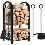 Amagabeli Fireplace Log Rack 16 x 29.2 x 12inch with 4 Fireplace Tools Wrought Iron Firewood Holders Indoor Wood Stove Outdoor Fireplace Heavy Duty Wood Stacking Wood Storage Kit for Fireplace Tool
