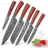 FEECOOL Kitchen Knife Sets,  Professional Chef Knives Set Japanese 7Cr17mov High Carbon Stainless Steel Vegetable Meat Cooking Knife Accessories with Red Solid Wood Handle, 6 Pieces Set Boxed Knife