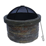 NSdirect Peaktop Concrete Round Charcoal and Wood Burning Fire Pit for Outdoor Patio Garden Backyard with Spark Screen, Fireplace Poker, Grate, and BBQ Grill, 27 inch Length, Natural Stone