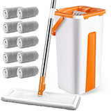 MASTERTOP Floor Mop with Bucket - Flat Mop Bucket with Wringer Set, 10 Reusable Microfiber Mop Pads, Stainless Steel Handle Easy Wring Mop Bucket System