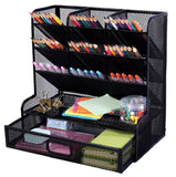 Delifox Multi-Functional Pen Holder with Drawer, Mesh Pen Organizer with 10 Compartments, Desktop Stationary Storage Art Supply