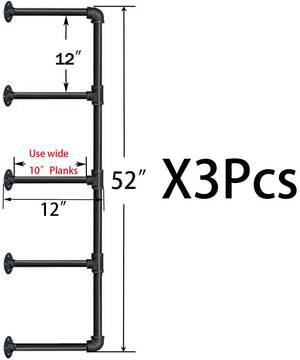 Tianman Industrial Wall Mount Iron Pipe Shelf Shelves Shelving Bracket Vintage Retro Black DIY Open Bookshelf DIY Storage offcie Room Kitchen Shelves (3Pcs,52" Tall,12" deep)