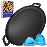 StarBlue  16 Inch Cast Iron Pizza Pan Round Griddle by StarBlue with FREE Silicone Handles and 30 Recipes Ebook– Pre-Seasoned Comal, Kitchen Essentials for Pizza Lovers, Baking, Grill, BBQ, Stove Oven Safe