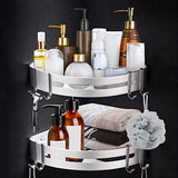 PentaQ  2 Pack Corner Shower Shelves with 8 Removable Hooks, No Drilling Adhesive Wall Mounted Aluminum Bathroom Shelf, Corner Shower Caddy Shelf Basket Shampoo Holder Organizer