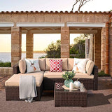 Patiorama 5 Piece Outdoor Furniture, Patio Sectional Furniture Sofa Set All-Weather Brown PE Wicker Furniture with Beige Seat Cushions &Glass Coffee Table| Patio, Backyard, Pool