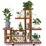 Acmind Wood Plant Stand Indoor Outdoor, Tall Plant Display Multi Tier Flowers Stands with Detachable Wheels, Flower Shelves with 3 Free Gardening Tools for Garden Office Living Room Balcony Patio Yard
