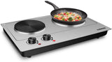 CUSIMAX 1800W Double Burner Portable Cooktop Hot Plate for Cooking, Electric Countertop Burner, Dual infrared cooktop, Silver Stainless Steel Easy to Clean