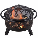 ANDGOAL CU296 Round Steel Wood Burning Fire Pit with Spark Screen and Fireplace Poker for Outdoor Patio Garden Bakyard Decking, 30 Inch Length, Black, 30.0