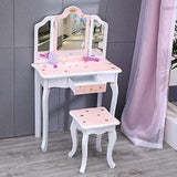 Nromant Kids Vanity Table and Chair Set, Girls Vanity Set with Mirror and Stool, Tri-Folding Mirror, Makeup Dressing Princess Table