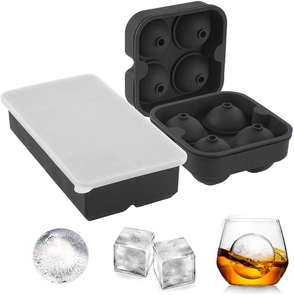 GDREAMT Ice Cube Trays Silicone Mold - Easy Release Ice Cube Molds Sphere Ice Ball Maker with Removable Lid and Large Square Ice Molds Reusable and BPA Free for Whiskey and Cocktails, Set of 3, Black