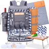 ROMALI’S Family Picnic Backpack for 4 - Insulated - Gray - Fully Equipped with Ceramic Plates, Cutlery, Non-breakable Glasses, Chopping Board, Bottle Opener, Napkins, S/P Shakers Plus Waterproof Blanket