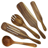 Huanlemai 5Pcs Teak Wooden Cooking Utensils Set, Wooden Spoons for Cooking, Non-Stick Wooden Slotted Spurtles Spatula Kit Salad Fork Kitchen Cookware Tools for Stirring, Mixing, Cooking