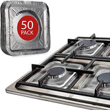 Linda's Essentials Gas Stove Burner Liners by Linda’s Essentials (50 Pack) | Disposable Aluminium Stove Burner Covers | 8.5” Square Heat Resistant Gas Range Cover