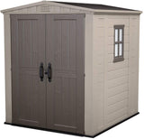 Keter Factor 8x8 Foot Large Resin Outdoor Shed with Floor for Patio Furniture, Lawn Mower, and Bike Storage, Taupe & Brown