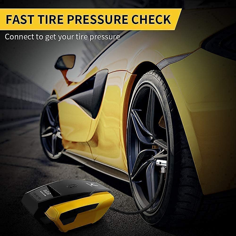 VacLife Leaf Blower Air Compressor Tire Inflator, DC 12V Portable Air Compressor, Auto Tire Pump with LED Light, Digital Air Pump for Car Tires, Bicycles and Other Inflatables, Model: ATJ-1166, Yellow (VL701)