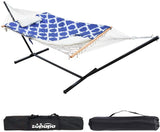 Zupapa Cotton Rope Pad Hammock with Stand 400lbs Capacity, Indoor Outdoor Use 12 Feet Hammock Stand Spreader Bar Hammock Pad and Pillow Combo 2 Storage Bags Included (Garnet Red Gold Stripe)