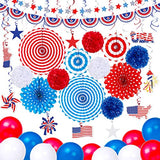 Moon Boat  66PCS 4th/Fourth of July Decorations Set - Patriotic Paper Fans+Tissue Pom Poms+Star Streamer+American Flag Banner Garland+Hang Swirls+Balloons