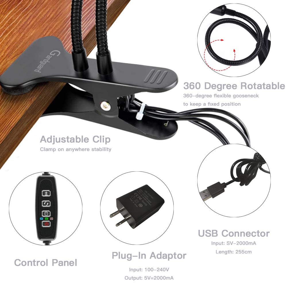 GardGuard LED Grow Lights, 20W, Dual Head, Red & Blue, 40 LED Bulbs, 9 Dimmable Lights, 3 Switch Modes with Auto On / Off, 3/9 / 12H Timer for Plants (Extended USB Cable )