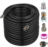 Buyplus Sewer Jetter Kit for Pressure Washer - 100 FT Drain Cleaner Hose with 1/4 Inch NPT Rotating Sewer Jetter Nozzle and Button Nozzle Tips, Orifice 4.0, 4.5, 4600 PSI