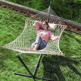 PNAEUT Double Hammock with Stand 2 Person Heavy Duty Traditional 2 People Rope Hammocks and Stand with Pillow for Outdoor Porch Patio Garden Backyard Outside Max 450lb Capacity (Burlywood)