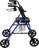 Wave Medical 4 Wheel Medical Rolling Walker with Wheels, Seat, Backrest and Storage Pouch, Rollator Walker for Seniors, 8-inch Wheels (Blue)