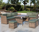 Eclife  Patio Furniture Set, 7pcs Outdoor Sectional Rattan Sofa Couch with Dining Table & Ottoman, All-Weather Brown Wicker Conversation Sets w/Cushions, Pillows for Porch, Garden, Poolside (Blue)