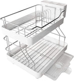 MAJALIS Large 2 Tier Dish Drying Rack,  304 Stainless Steel Dish Rack and Drainboard Set, Dish Drainers for Kitchen Counter with Cutting Board Holder, Cup Holders, Utensil Holder and Drying Mat