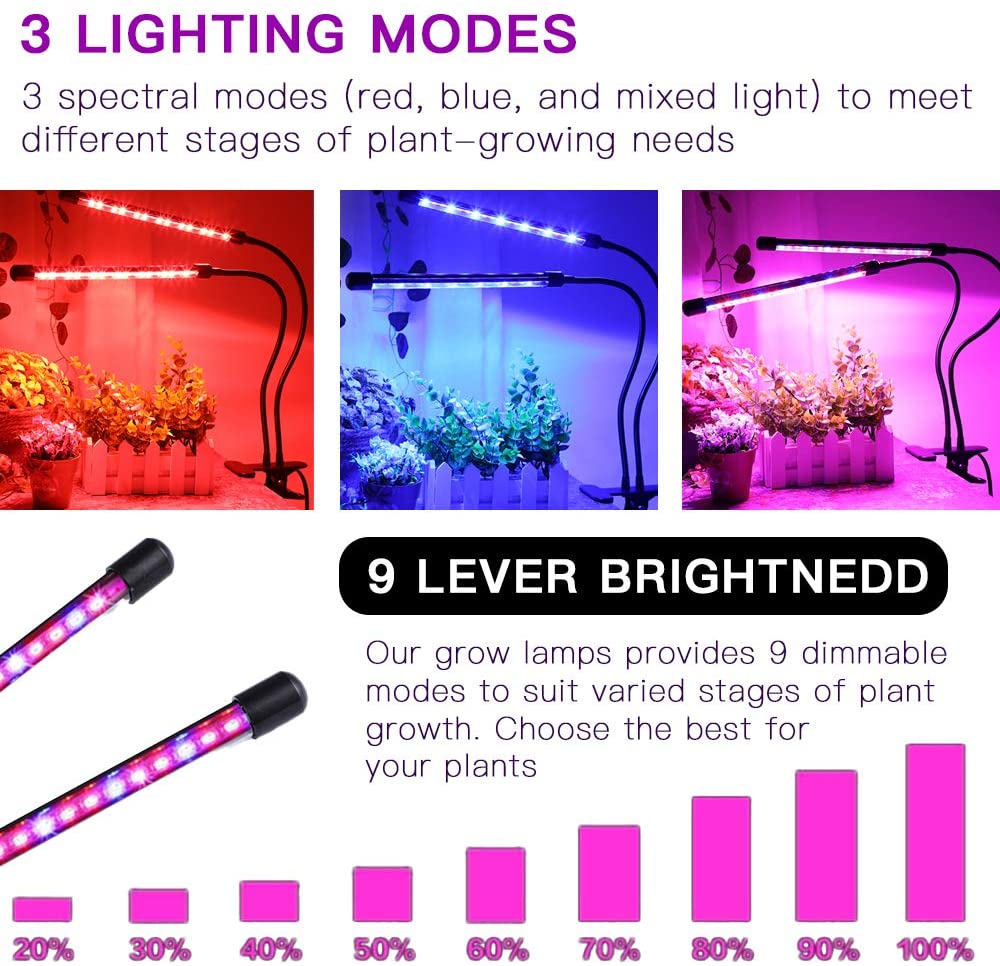 GardGuard LED Grow Lights, 20W, Dual Head, Red & Blue, 40 LED Bulbs, 9 Dimmable Lights, 3 Switch Modes with Auto On / Off, 3/9 / 12H Timer for Plants (Extended USB Cable )