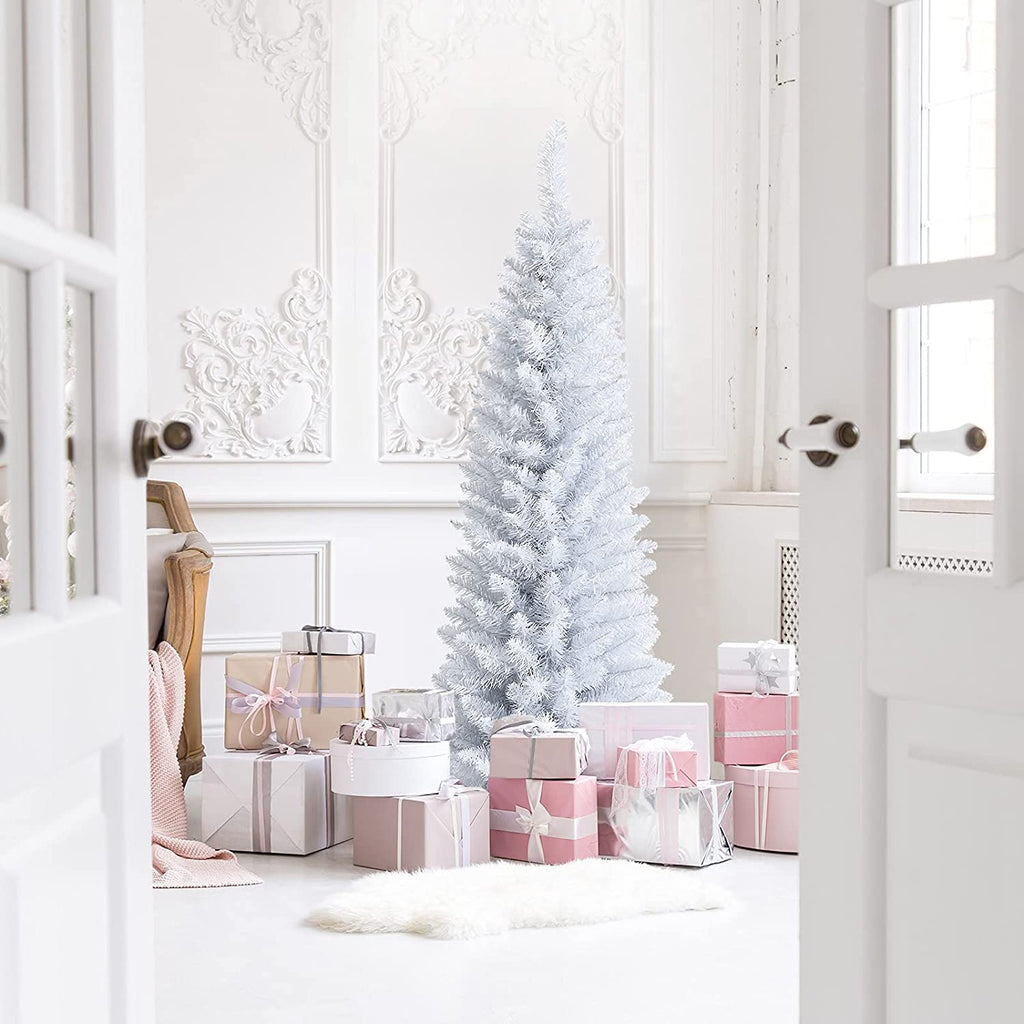HAPPYGRILL 7FT White Pencil Christmas Tree Life-Like Slender Xmas Tree Artificial Tree with Folding Metal Stand & Durable PVC Material, Realistic Lush Unlit Pine Tree with 436 Branch Tips (B09FLHDXG3)