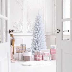 HAPPYGRILL 7FT White Pencil Christmas Tree Life-Like Slender Xmas Tree Artificial Tree with Folding Metal Stand & Durable PVC Material, Realistic Lush Unlit Pine Tree with 436 Branch Tips (B09FLHDXG3)