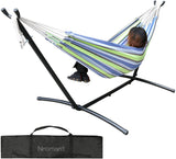 Nromant Double Hammock with Space Saving Steel Stand (450 lb Capacity - Premium Carry Bag Included) - for para Patio, Indoor and Outdoor (Coffee/Blue Stripes)