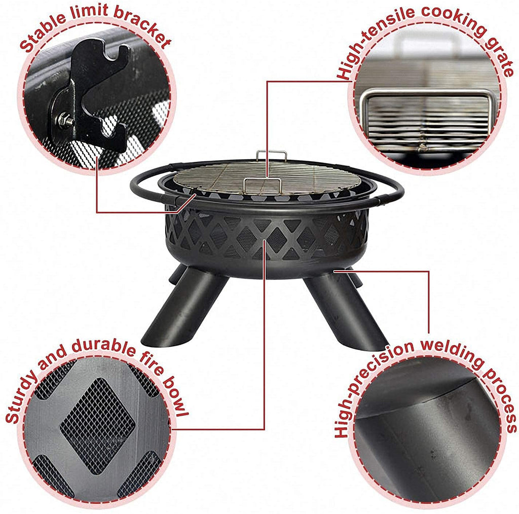 ANDGOAL Wood Burning Fire Pits Grill Fire Pit - Fire Pit Bowl Heat-Resistant with 360°Rotate Grilled Shelf Round Wood Fire Pits Large Fire Pit