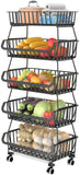 CHLORYARD Fruit Basket with Wooden Lid for Kitchen, 5-Tier Stackable Metal Wire Fruit Vegetable Storage Baskets Organizer Stand on Wheels, Produce Basket Potato and Onion Storage Bins Rack Cart for Pantry, Black