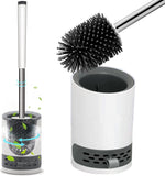 ASOBEAGE  Toilet Brush with Drainage Holder Set,Flex Silicone Anti-Clog Anti-Drip Brush Head, White/Grey Colour with Stainless Steel Handle, 1-Pack