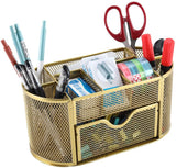 EasyPAG Mesh Desk Organizer Pencil Holder 9 Compartments with Drawer,Pink