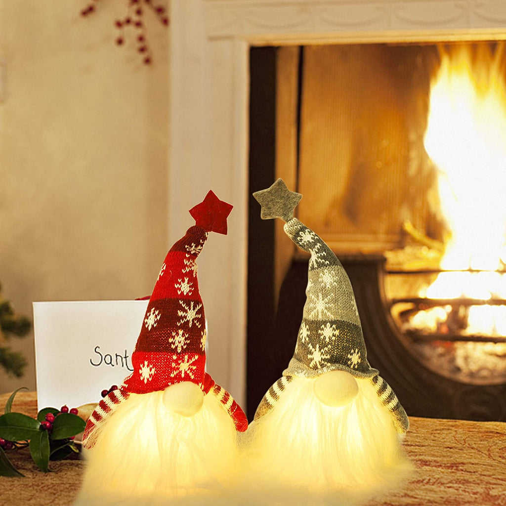 Juegoal 11"" Lighted Christmas Gnome Santa, Handmade Plush Scandinavian Swedish Tomte, Light Up Elf Toy Holiday Present, Battery Operated Winter Tabletop Christmas Decorations, 2 Set