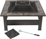 Pure Garden Fire Pit Set, Wood Burning Pit - Includes Screen, Cover and Log Poker - Great for Outdoor and Patio, 33 inch Square Marble Tile Firepit