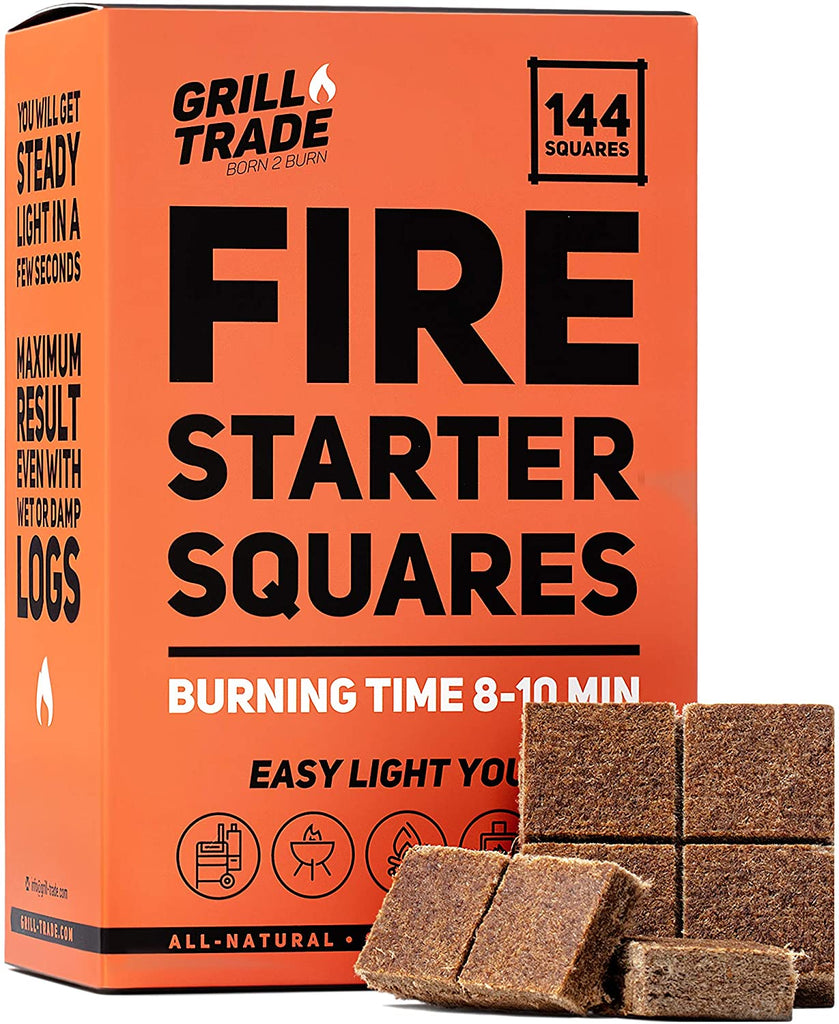 Grill Trade Fire Starter Squares 144, Easy Burn Your BBQ Grill, Camping Fire, Wood Stove, Smoker Pellets, Lump Charcoal, Fireplace - Fire Cubes are The Best Barbeque Accessories - 100% All Natural