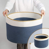 PARTSPLUS 2pc XXXL Large Woven Cotton Rope Storage Basket Set, 100% Natural Cotton Laundry Basket, Toy Basket,Great for Laundry, Toys Towels, Bedding (Navy Blue)