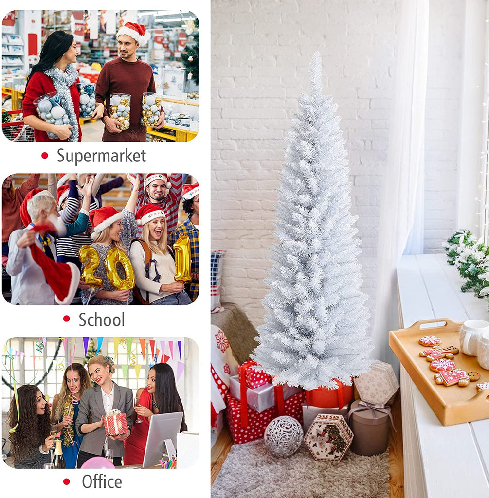 HAPPYGRILL 7FT White Pencil Christmas Tree Life-Like Slender Xmas Tree Artificial Tree with Folding Metal Stand & Durable PVC Material, Realistic Lush Unlit Pine Tree with 436 Branch Tips (B09FLHDXG3)