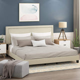 Furinno Laval Double Row Nail Head Upholstered Platform Bed Frame, King, Linen