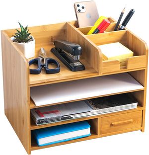 ProAid Bamboo Desktop Organizer | Home Office Bamboo Desk Drawer Organizer - 4 Tier Durable Wood Table Top Storage for Pencils, Notepads, Documents & Office Supplies