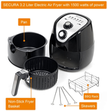 Secura Air Fryer 3.4Qt / 3.2L 1500-Watt Electric Hot XL Air Fryers Oven Oil Free Nonstick Cooker with/Recipes for Frying, Roasting, Grilling, Baking