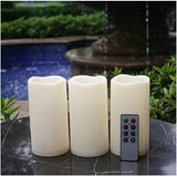 QIDEA Waterproof Outdoor Flameless LED Candles - with Remote and Timer Realistic Flickering Battery Operated Electric Plastic Resin Pillar Candles for Christmas Decoration 3-Pack 3”x6”