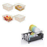 F-color Wire Storage Basket 2 Large 2 Medium Rose Gold Bundle with 2 Tier Compact Dish Rack with Utensil and Cup Holder